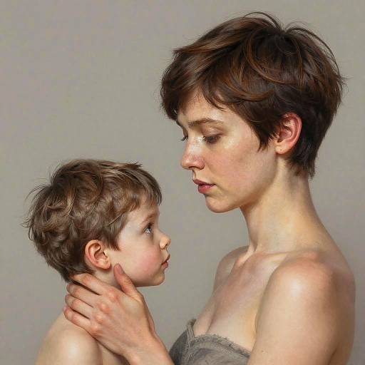 Photograph of a topless, short-haired woman with pale skin, holding a young boy with similar brown hair, gazing at each other softly against