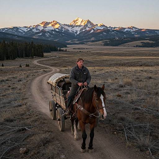 Photograph of a man in a gray jacket driving a horse-drawn wagon on a dirt road through a snowy mountain landscape at sunset.