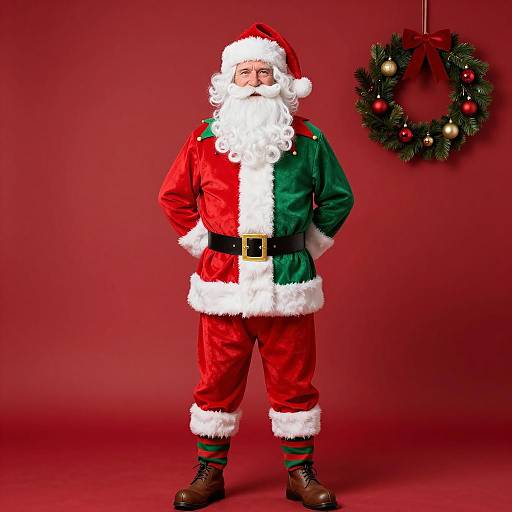 Elderly Man in Santa Elf Costume with Christmas Wreath