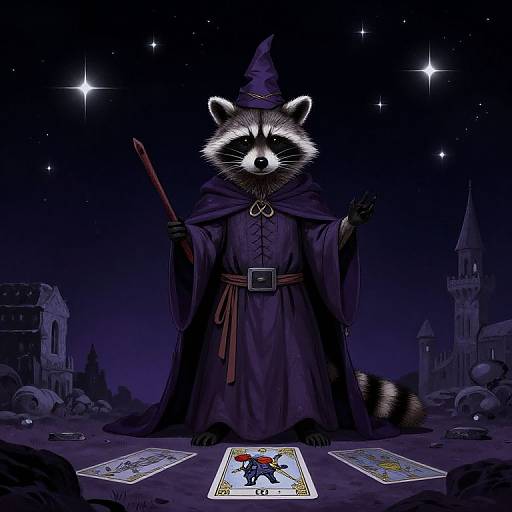 Majestic Wizard Raccoon Under Starry Sky