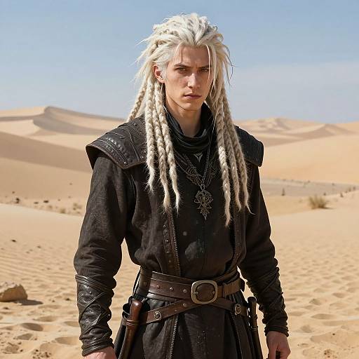 Photograph of a white-haired man with dreadlocks, wearing a black leather and cloth desert outfit, standing in a sunny, sandy desert. (Game
