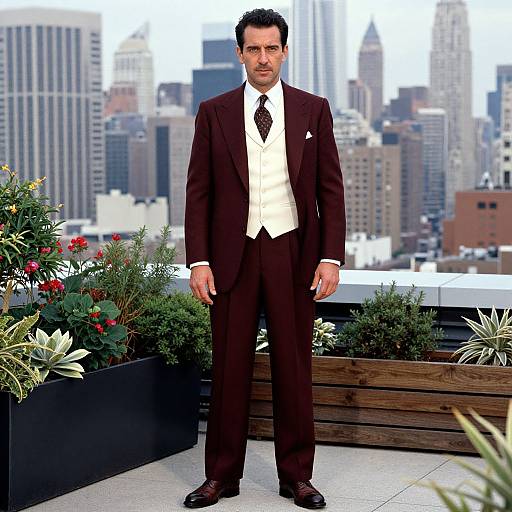 Photograph of a serious, dark-haired man in a maroon suit, white vest, black tie, standing on a rooftop with cityscape and p
