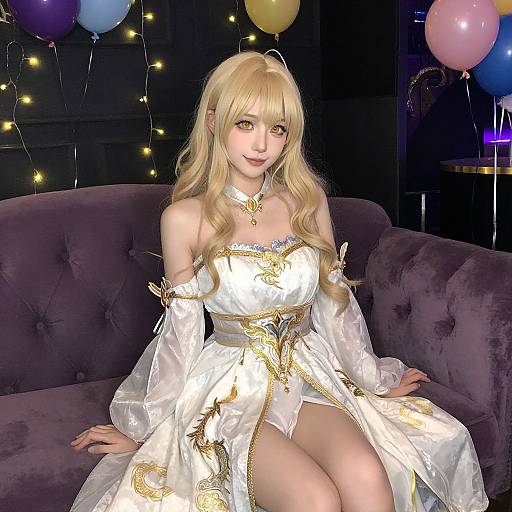 Digital artwork of a blonde woman with long hair, wearing an off-shoulder white and gold fantasy dress, sitting on a purple couch with balloons and