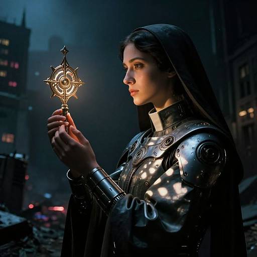 Photorealistic digital art of a young woman in medieval armor, holding a glowing, ornate cross, in a dark, foggy cityscape.