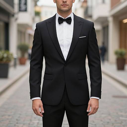 Photograph of a man in a black tuxedo with a white shirt and black bow tie, standing on a cobblestone street in an urban