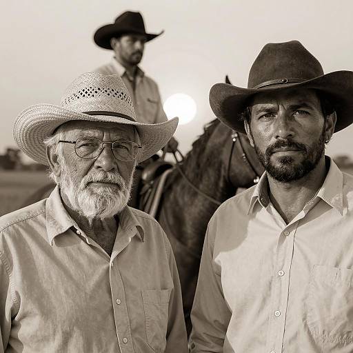 Two Cowboys with Horseback Rider at Sunset