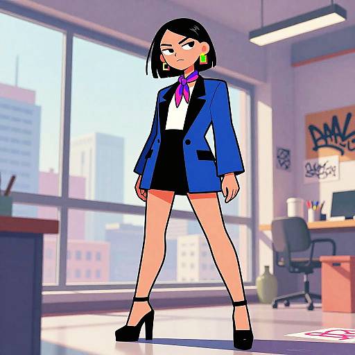 Digital anime-style drawing of a black-haired girl in a blue blazer, black mini-skirt, and high heels, standing in a bright office with
