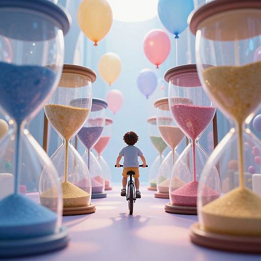 Photograph of a child with curly hair, wearing a white shirt and yellow shorts, riding a bicycle through a tunnel of large, colorful hourglasses