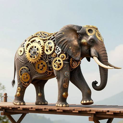 Digital artwork of a dark grey elephant adorned with intricate golden gears and cogs, standing on a wooden platform against a clear sky background.