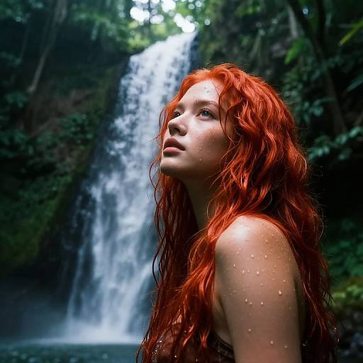 Photograph of a red-haired woman with wet, wavy hair and droplets on her skin, gazing at a cascading waterfall in a lush