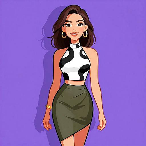 Digital illustration of a smiling woman with medium skin tone, brown hair, wearing a black-and-white halter top, green skirt, gold bracelet, and