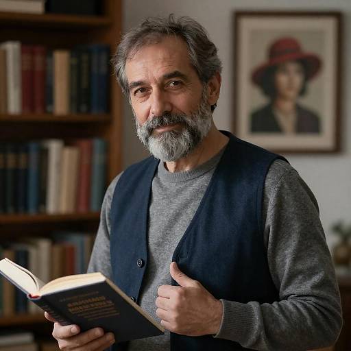 Middle-Aged Man Reading in Cozy Library
