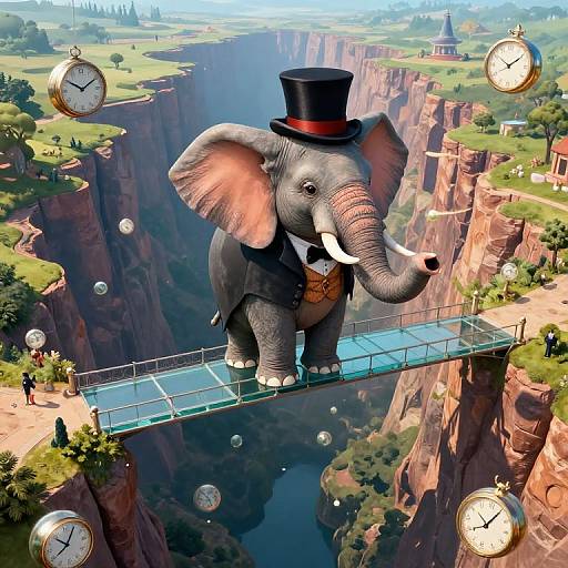 Digital illustration of a gray elephant in a top hat and bow tie, standing on a glass bridge over a canyon, surrounded by floating clocks, with lush