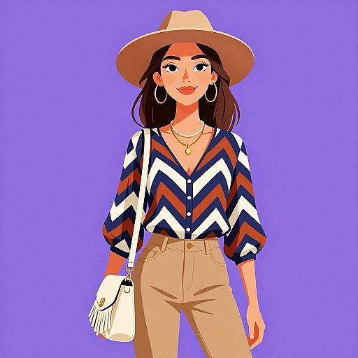 Digital illustration of a smiling woman with tan skin, wearing a wide-brimmed hat, chevron-patterned blouse, beige pants, gold hoop earrings
