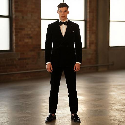 Photograph of a handsome, young, white man in a black tuxedo, black bow tie, white shirt, standing confidently in a sunlit