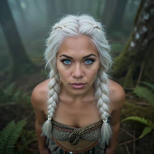 Photograph of a pale-skinned woman with striking blue eyes, long white braided hair, wearing a tribal-style top, in a misty forest