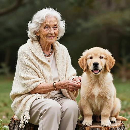 Elderly Woman with Golden Retriever Puppy Sitting on Tree Stumps