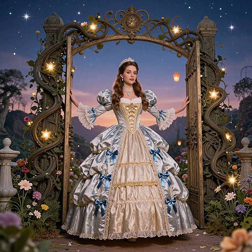Photograph of a fairytale princess in an elaborate silver and blue gown, standing in an ornate, vine-covered archway at twilight, surrounded