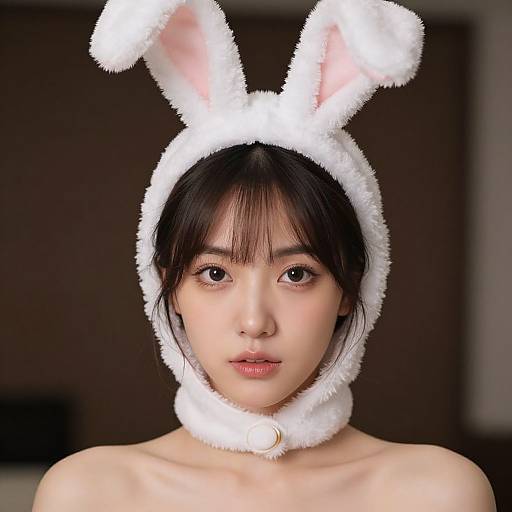 Photograph of an Asian woman with fair skin wearing a white, fluffy bunny hood with pink inner ears, looking directly at the camera. Background is dark
