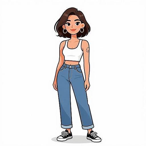 Digital illustration of a smiling young woman with short black hair, wearing a white crop top, blue high-waisted pants, and black sneakers, standing