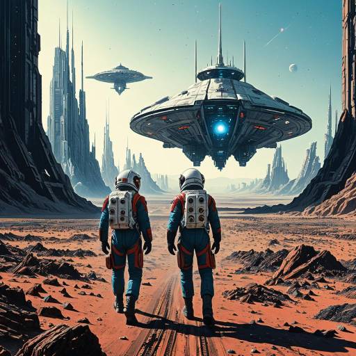 Explorers on Desolate Planet with Futuristic City and Spaceships
