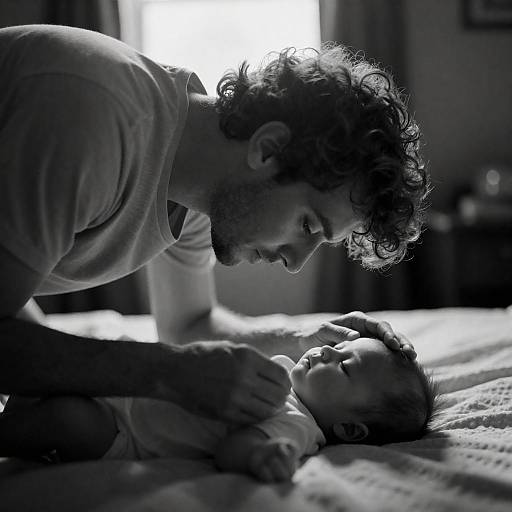 Black-and-White Curly-Haired Man and Baby