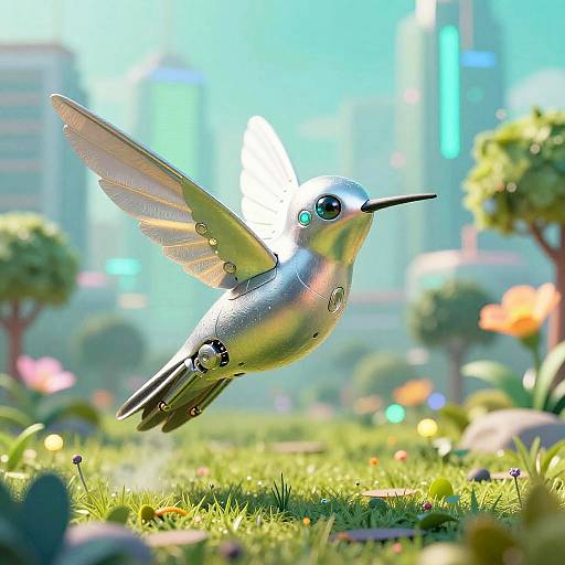 Photorealistic digital artwork of a metallic hummingbird with iridescent silver wings, hovering over a sunny, colorful garden with blurred cityscape background.