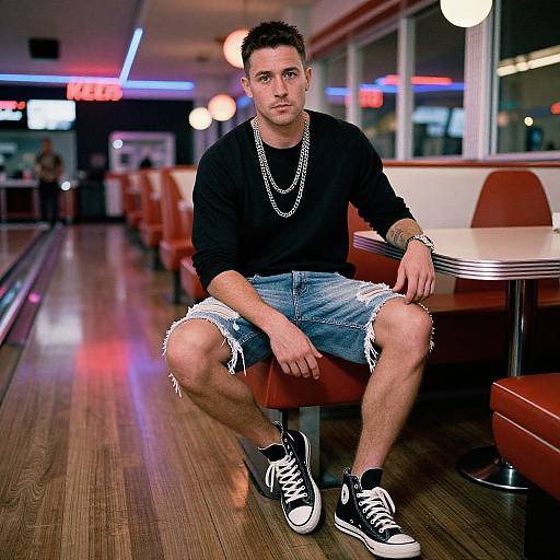 Photograph of a young man with short dark hair, wearing a black sweater, denim shorts with frayed hems, black sneakers, and a silver
