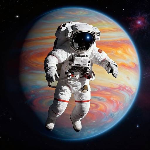 Digital artwork of an astronaut in a white spacesuit with a black helmet floating against a vibrant, colorful planet in space.