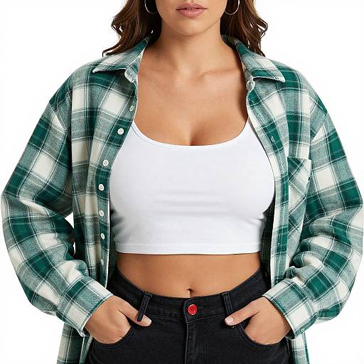 Photograph of a woman with light skin, brown hair, wearing a green plaid shirt, white crop top, black jeans, hands in pockets,
