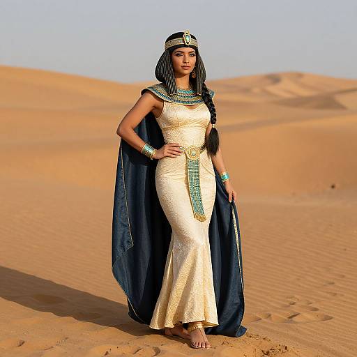 Photorealistic CGI of a confident Black woman in ancient Egyptian attire, standing in a sunlit desert with dunes, wearing a white dress, blue