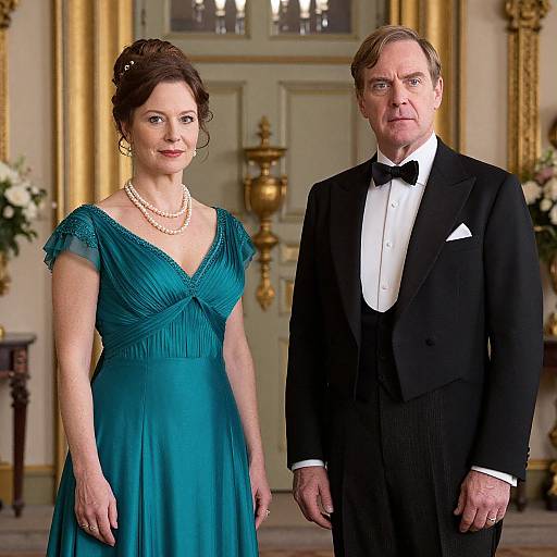 Photograph of a dignified couple in formal attire: woman in teal gown with pearl necklace, man in black tuxedo with bow tie, standing