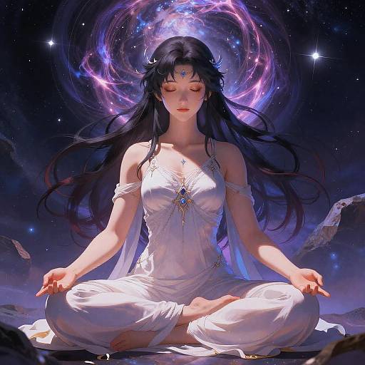 Digital painting of a serene, dark-haired woman with a white dress, meditating in lotus position, surrounded by a cosmic, purple-hued aura