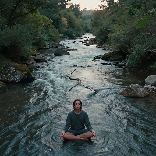Photograph of a woman with brown hair in a grey shirt, sitting cross-legged in a flowing, rocky stream, surrounded by dense green forest at dusk