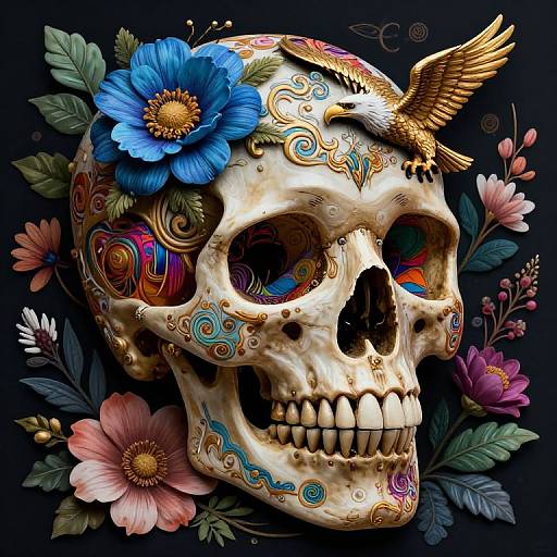 Digital artwork of a decorative skull adorned with colorful flowers, a gold bird, and intricate patterns, set against a dark background.