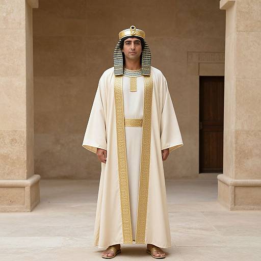 Photograph of a man in ancient Egyptian attire: white robe with gold trim, striped nemes headcloth, gold headdress, and sandals, standing