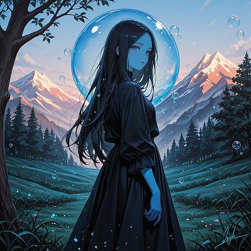 Blue-Skinned Girl in Black Dress with Bubble Halo in Mountain Landscape