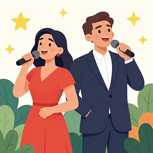 Digital illustration of a smiling couple with black hair, wearing red dress and black suit, singing into microphones, surrounded by green foliage and yellow stars.