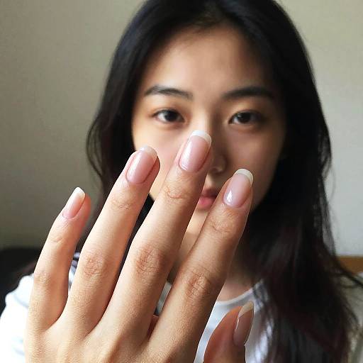 Photograph of a young Asian woman with long black hair, slightly blurred, showing her hand with French-manicured nails in the foreground.