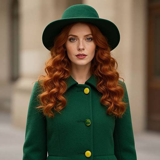 Photograph of a fair-skinned woman with long, wavy red hair, wearing a dark green hat and matching coat with yellow buttons, standing in