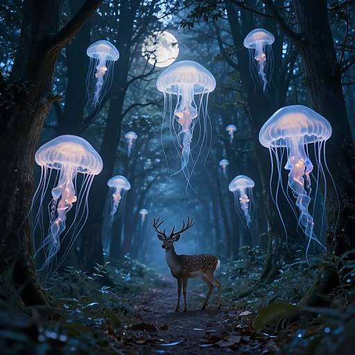 Photograph of a glowing forest at night, featuring a deer standing beneath ethereal, bioluminescent jellyfish floating among dark trees.