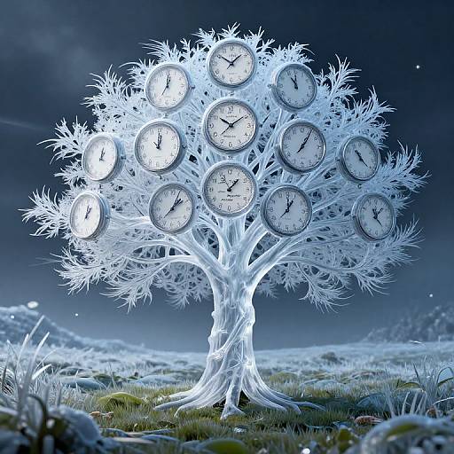 Digital artwork of a glowing, ethereal tree with 12 clock faces as leaves, set against a dark, starry night sky.