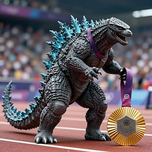 Digital CGI of Godzilla, a black, spiked, blue-backboned monster, holding a purple ribbon, standing on a track field with blurred spectators.