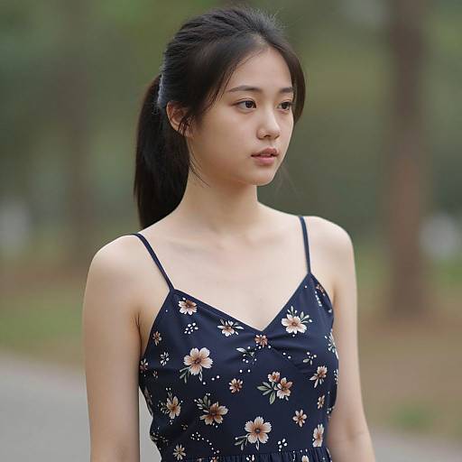 Photograph of an Asian woman with long black hair in a ponytail, wearing a black floral dress, standing outdoors in a blurred forest background.