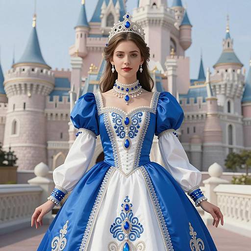 Woman in Blue and White Royal Dress with Castle Background