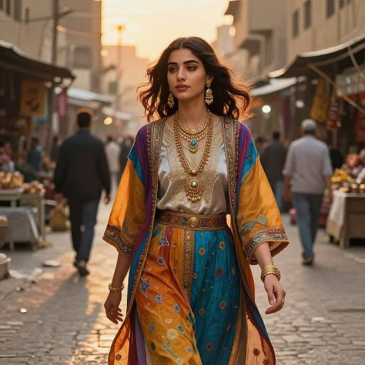Photograph of a confident Indian woman in vibrant, multicolored traditional outfit, gold jewelry, walking through a bustling, sunlit market street.