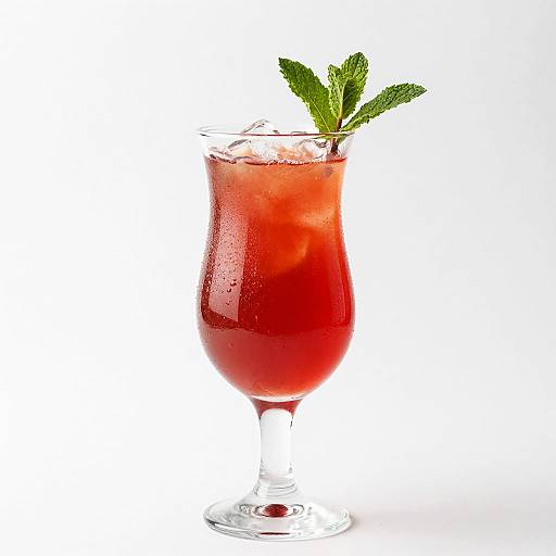 Photograph of a vibrant red cocktail in a curvy glass, garnished with a sprig of fresh mint, with water droplets on the glass