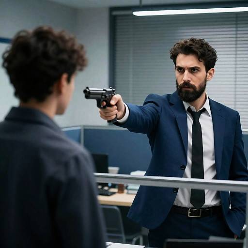 Tense Confrontation in Dimly Lit Office