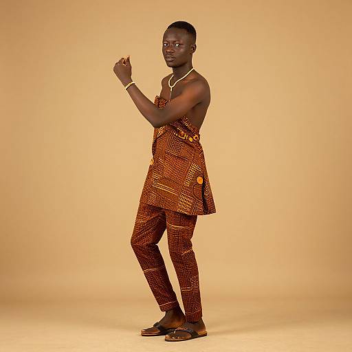 Photograph of a tall, dark-skinned man in a vibrant orange, patterned, sleeveless outfit with matching pants, standing against a yellow background