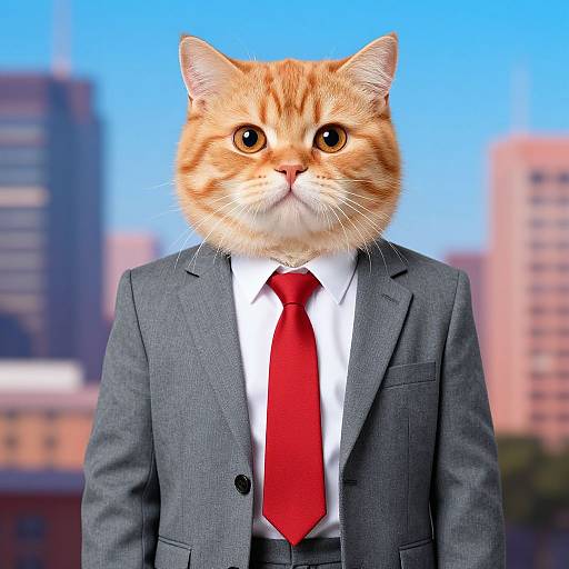 Photorealistic digital image of a tabby cat with orange fur, wearing a gray suit and bright red tie, standing in front of a blurred city